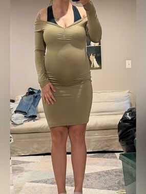 Tobi Olive Green Off-Shoulder Bodycon Dress, Maternity and non- maternity